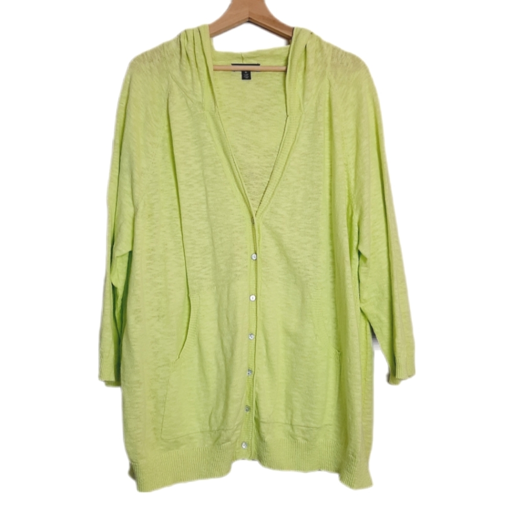 🍒 TRIBAL Cotton Linen Blend Button Down Cardigan Hooded Bright Neon Sz 4X